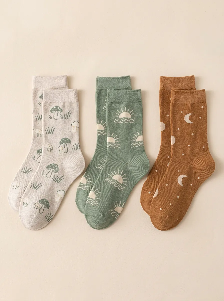 Women's 3-Pair Mushroom Sun Moon Crew Sock Set