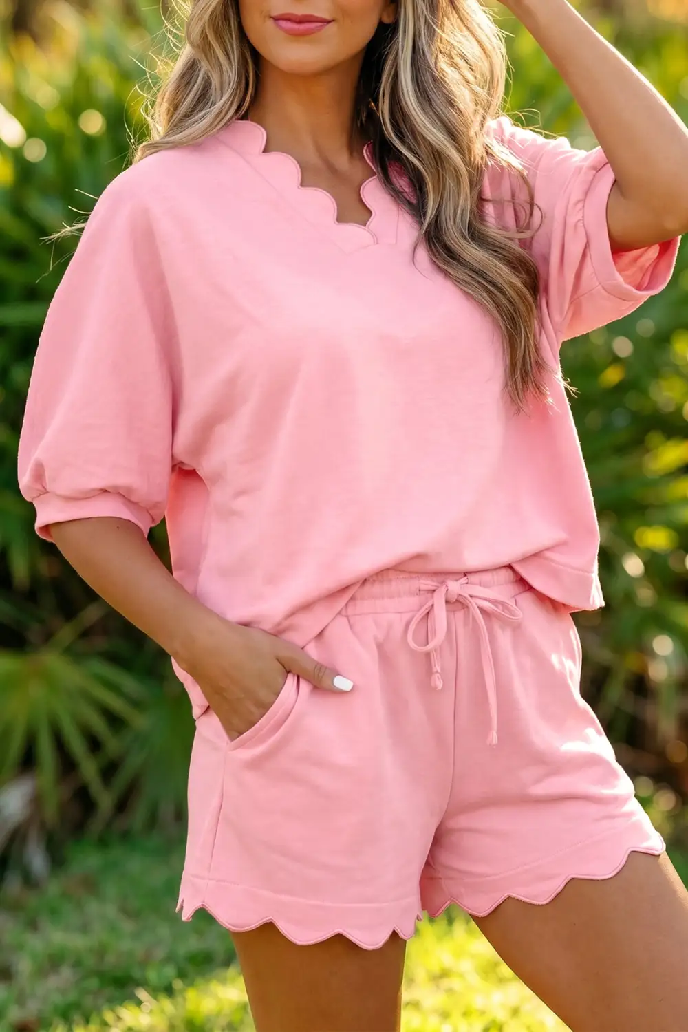 Women's Scalloped V Neck Dolman Oversize Top Drawstring Short Set
