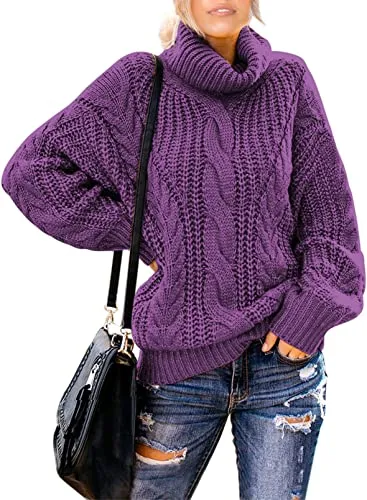 Womens Turtle Cowl Neck Solid Color Soft Comfy Cable Knit Pullover Sweaters S-2XL