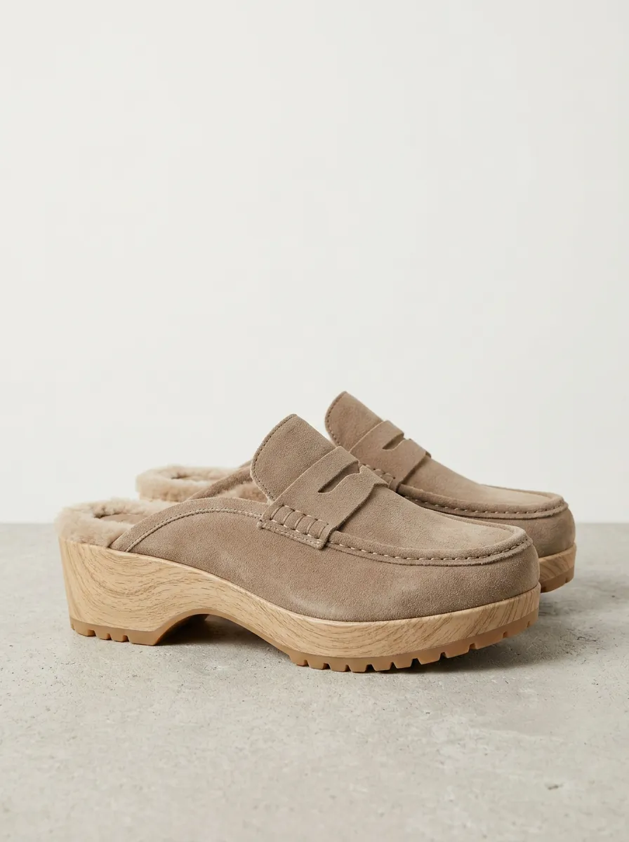 Women's Rugged Faux Fur Lined Platform Casual Suede Wood Sole Loafers