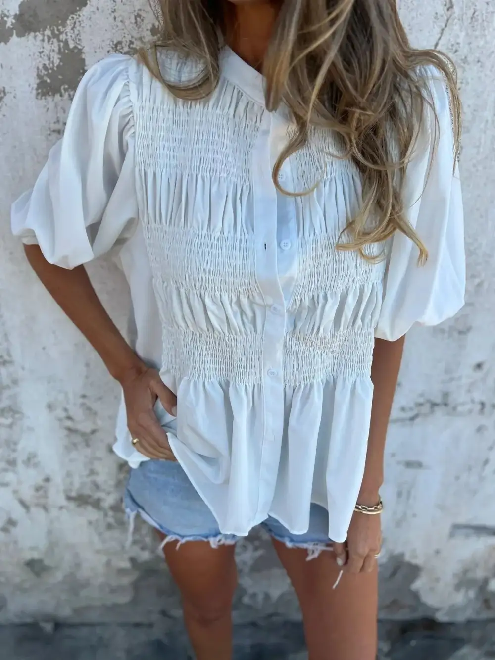 Smocked Puff-Sleeve Buttoned Blouse