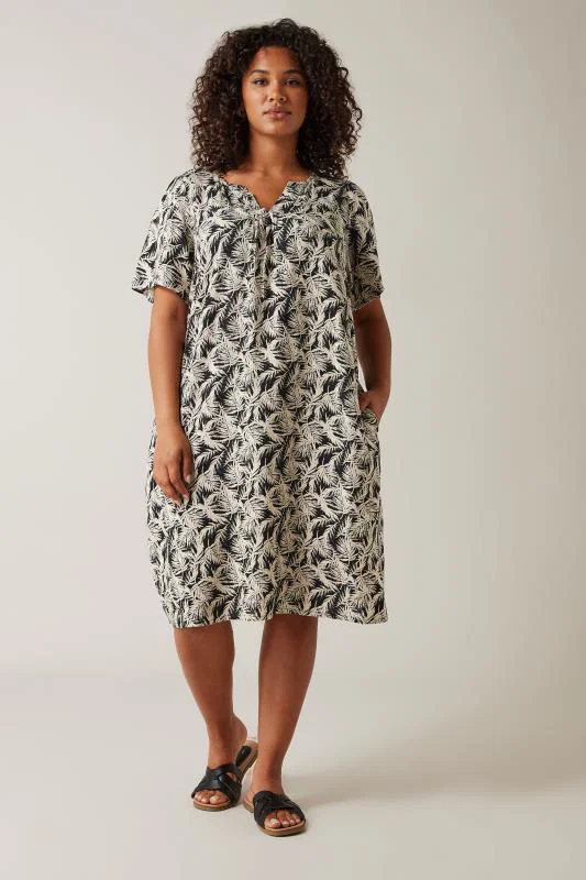 Black Tropical Print Linen Dress detail 2