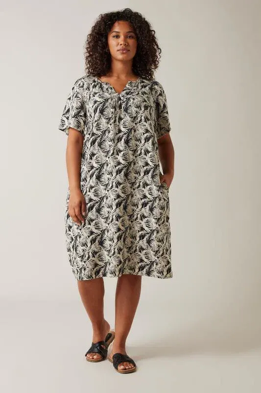 Black Tropical Print Linen Dress