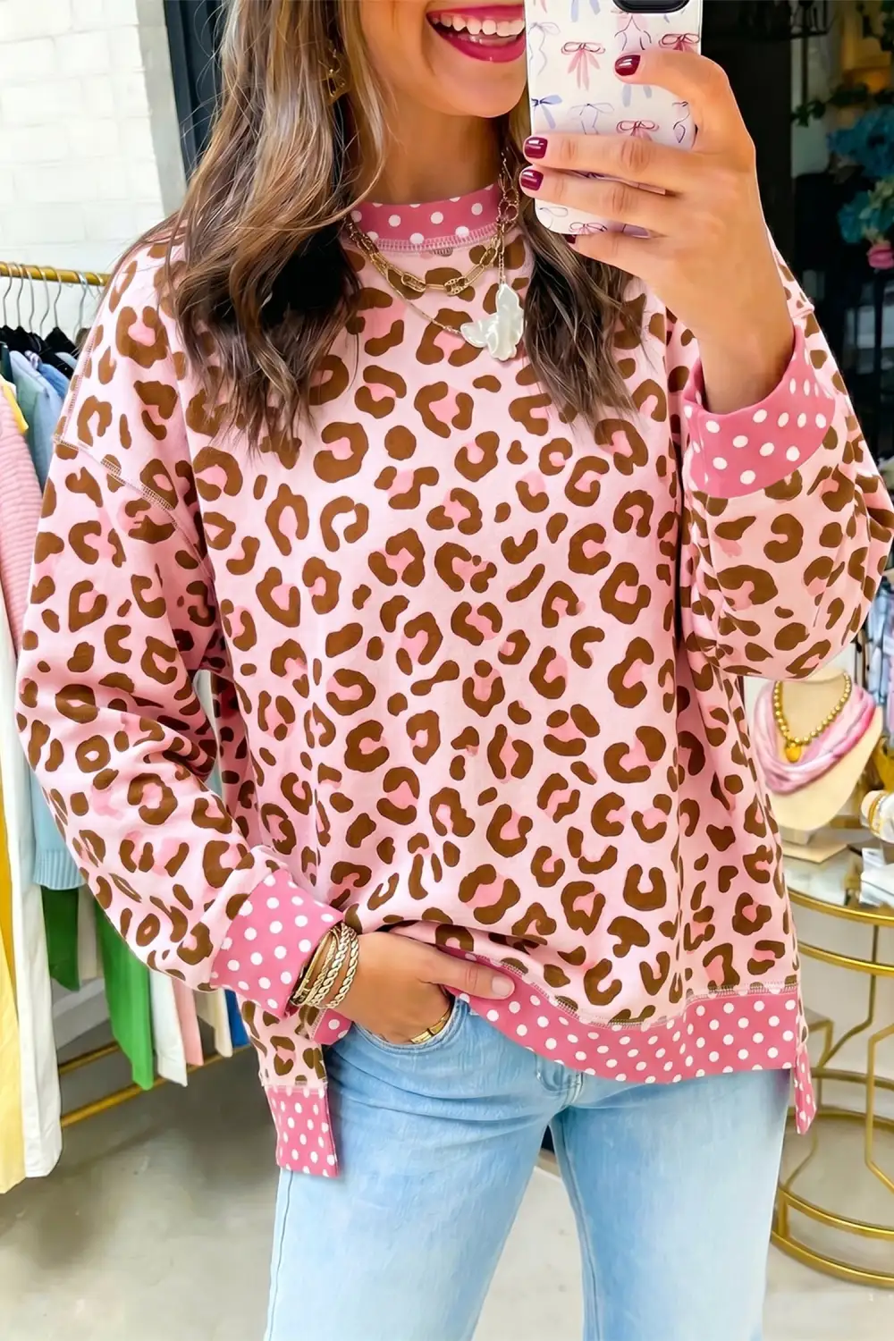 Relaxed Polka Dot Relaxed Stretch Fabric Long Sleeve Top