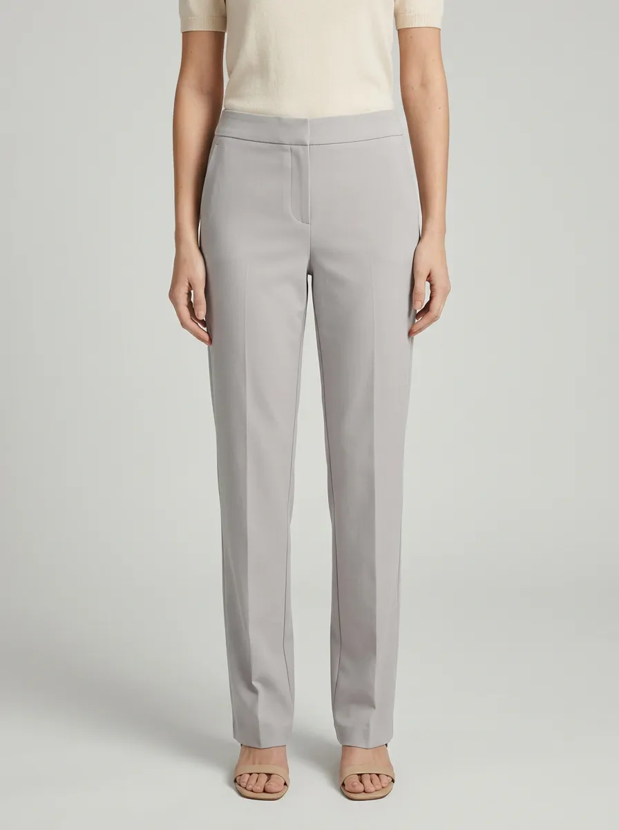 Women's Minimalist Solid Grey Mid-Rise Straight Leg Trousers