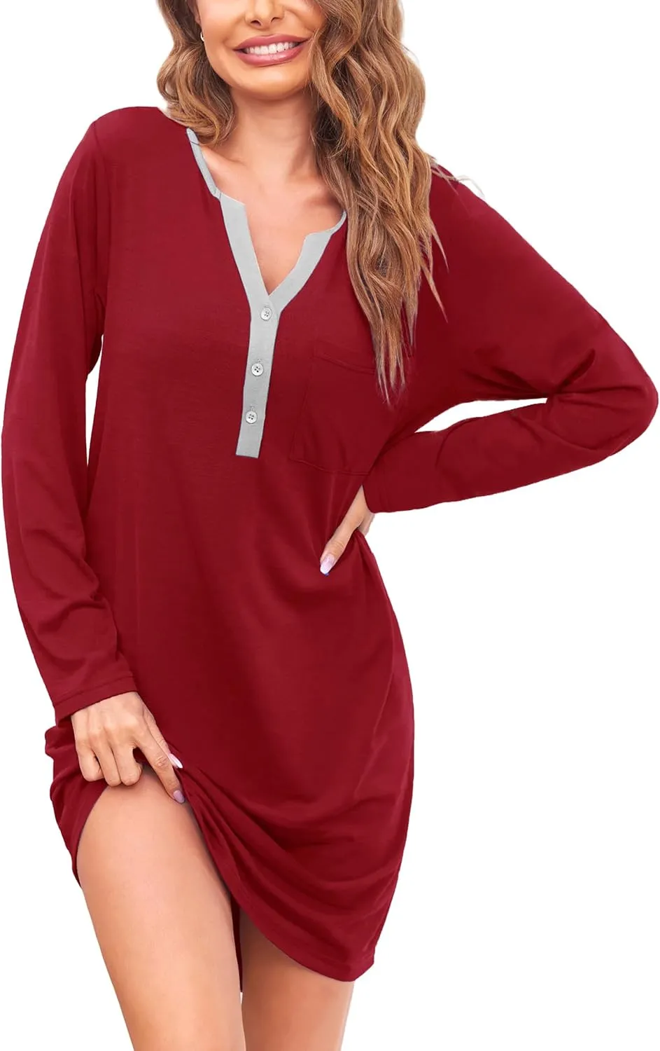 Ekouaer Women's Nightgowns Long Sleeve Button Down V Neck Pajama Dress