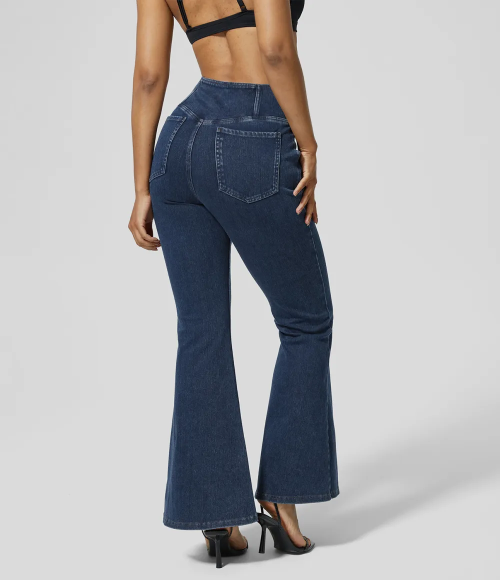 Magic High Waisted Crossover Pocket Washed Stretchy Knit Casual Super Flare Jeans