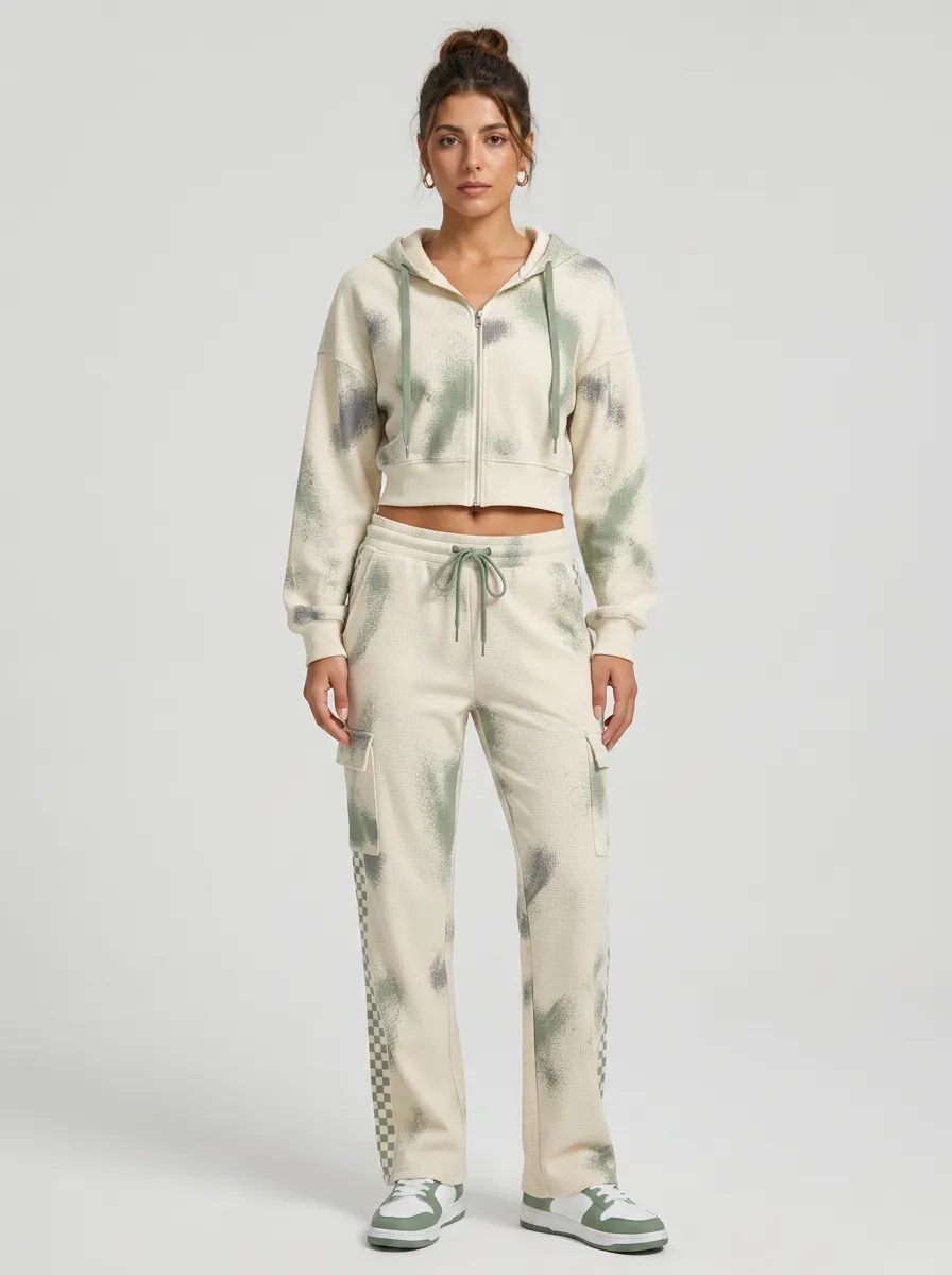 Women's Waffle Knit Tie-Dye Printed Zip-Up Hoodie Cargo Jogger Set