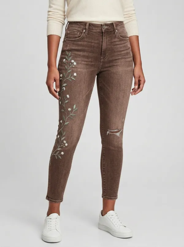 Women's Floral Nature White Flower Embroidered Printed Slim Jeans