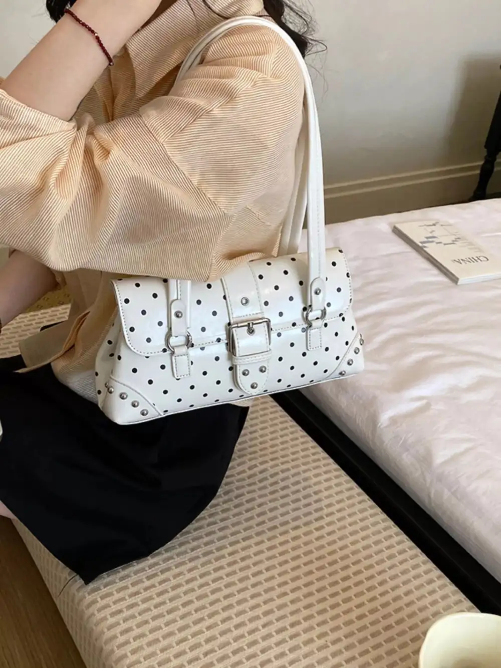 Women's Polka Dot Studded Shoulder Bag