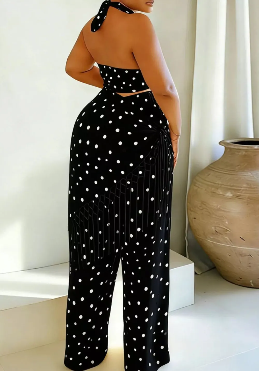 Polka Dot Halter Neck Cami and Fringe Trim Pants