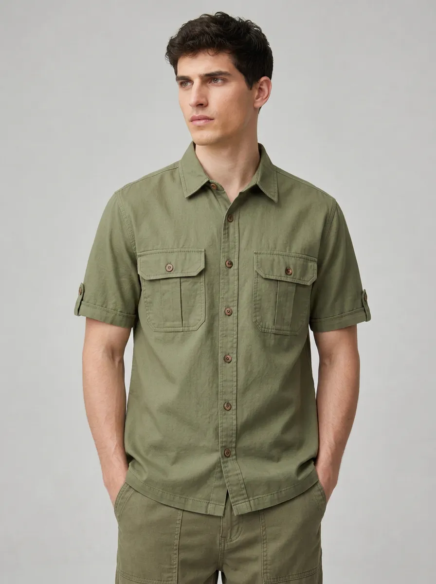 Men's Casual Outdoor Olive Green Button-Down Cargo Shirt