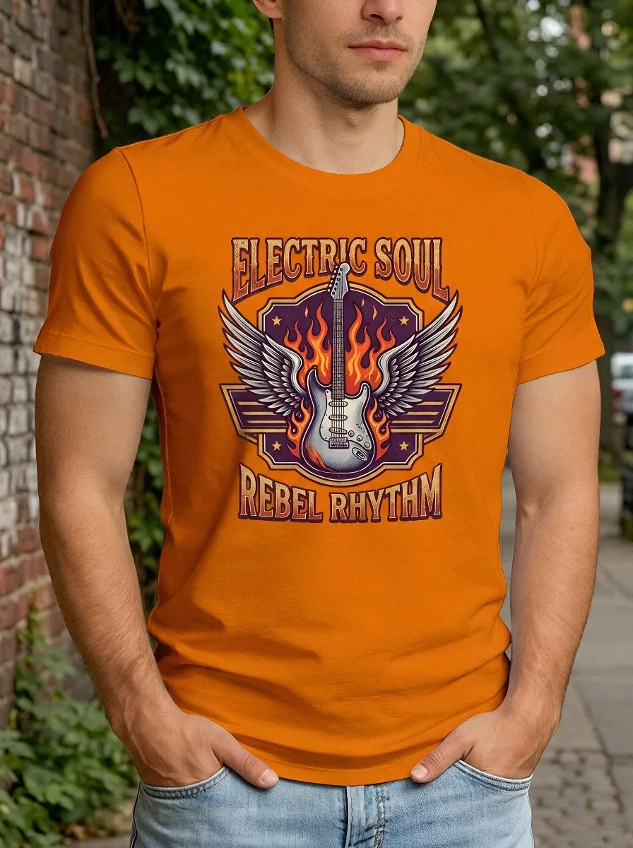 Men's Rock Music Lover Electric Guitar Wings Flame Printed T-shirt
