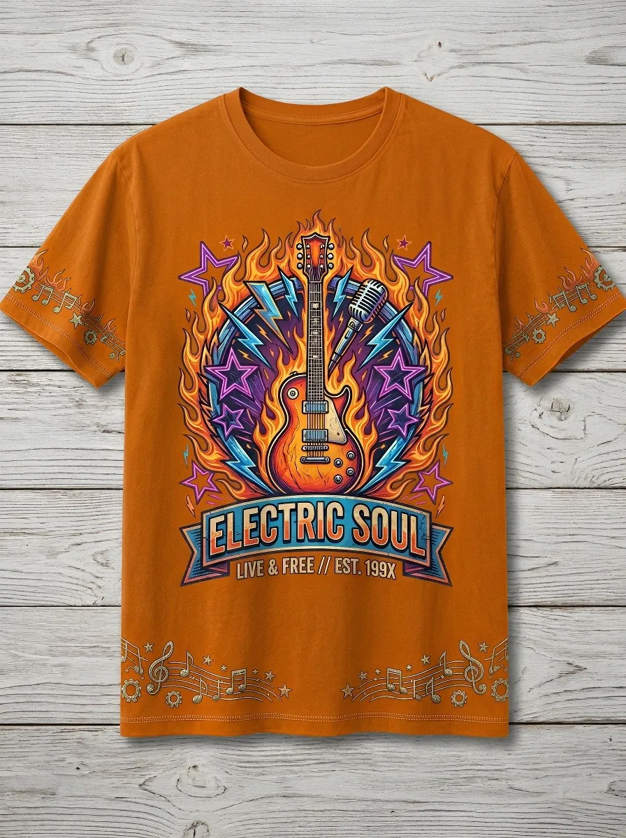Unisex Rock Music Lover Electric Guitar Flame Printed T-shirt