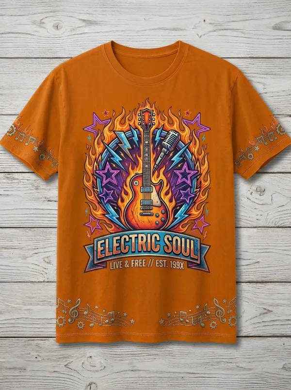 Unisex Rock Music Lover Electric Guitar Flame Printed T-shirt