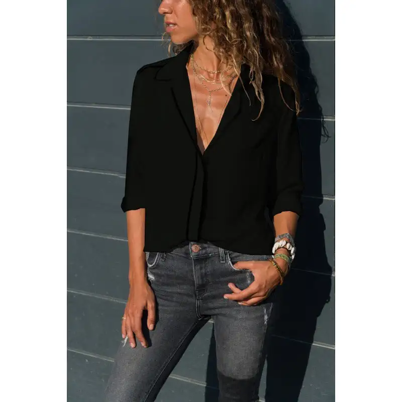 Softly Draped Contrast Detail V-Neck Blouse