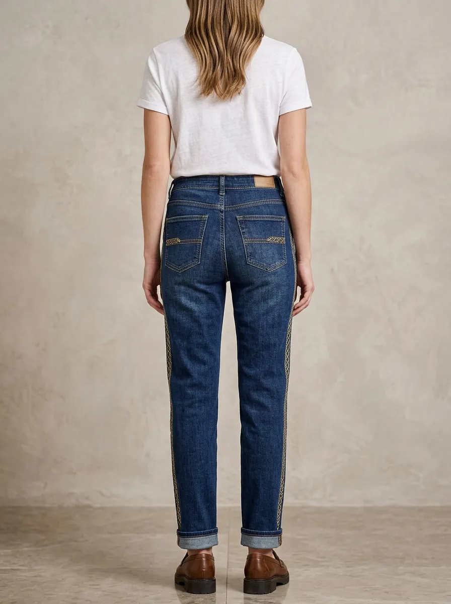 Women's Casual Fashion Side Embroidered Striped Printed Jeans