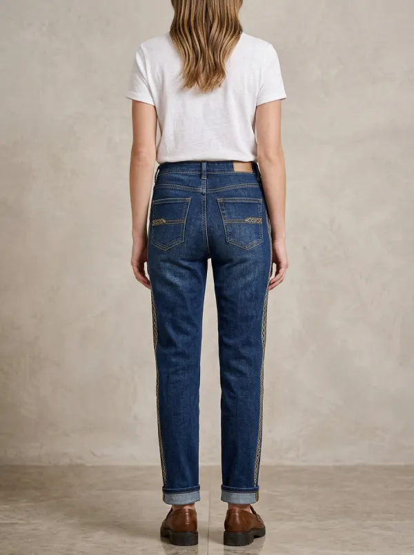 Women's Casual Fashion Side Embroidered Striped Printed Jeans