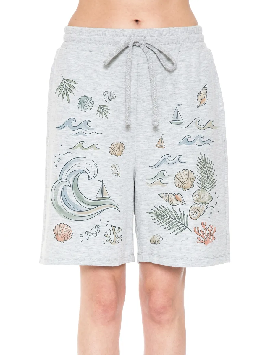 Women's Coastal Ocean Wave Seashell Palm Graphic Shorts