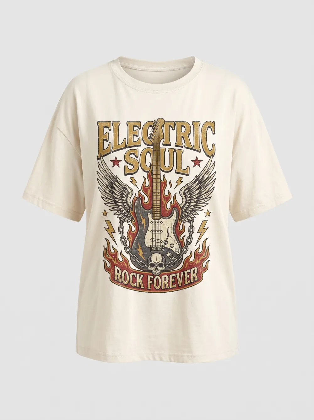 Unisex Rock Music Lover Electric Guitar Skull Wings Printed T-shirt