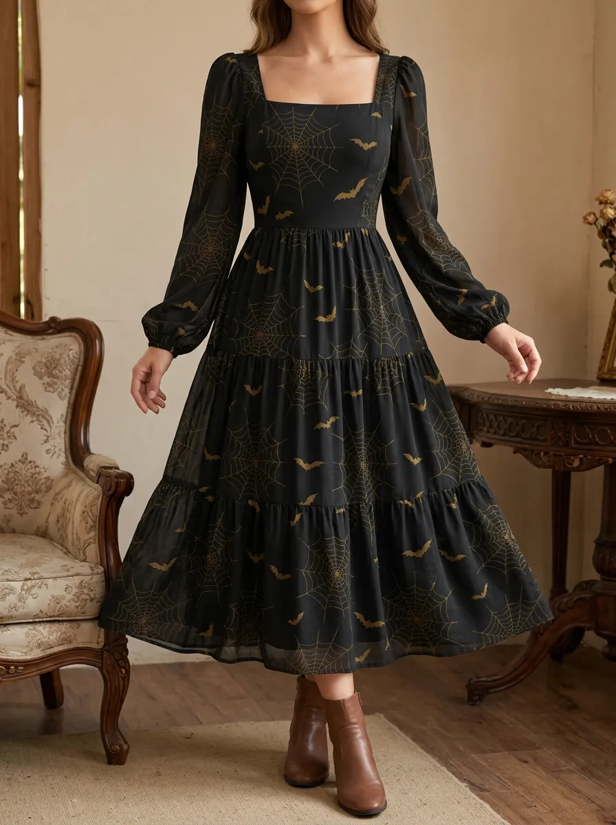 Women's Halloween Spider Web and Bat Printed Midi Dress
