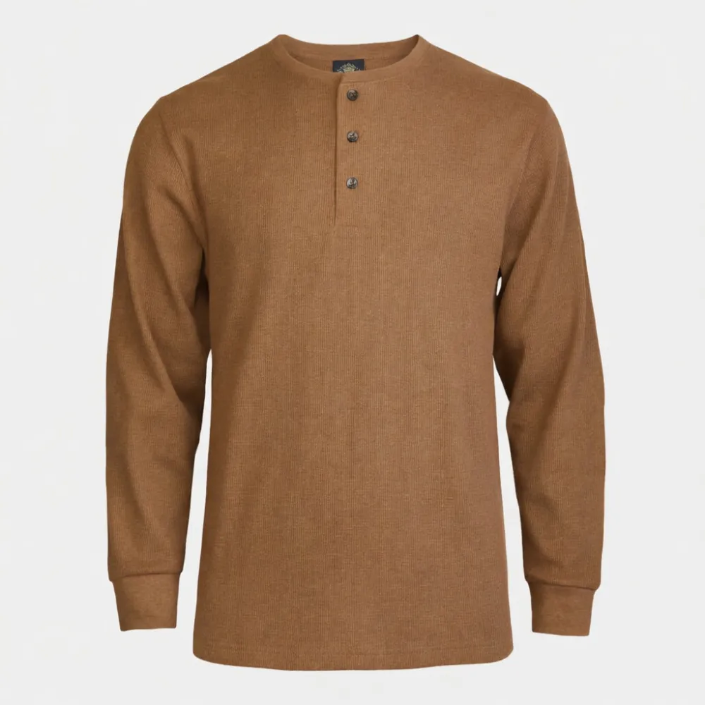 Men's Long-Sleeve Cotton Waffle-Knit Thermal Henley Shirt