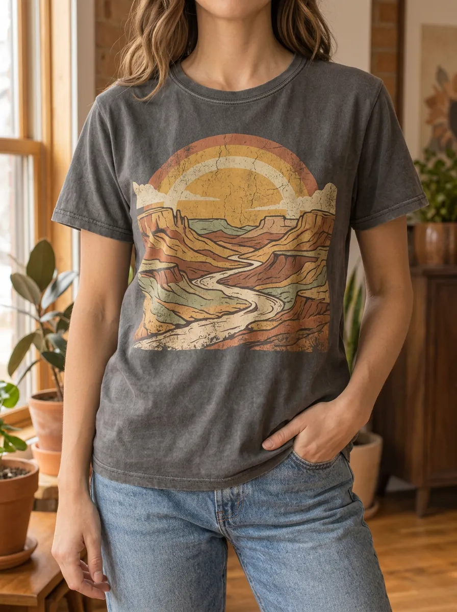 Women's Scenic Retro Canyon Landscape Sunset Crew Neck T-Shirt