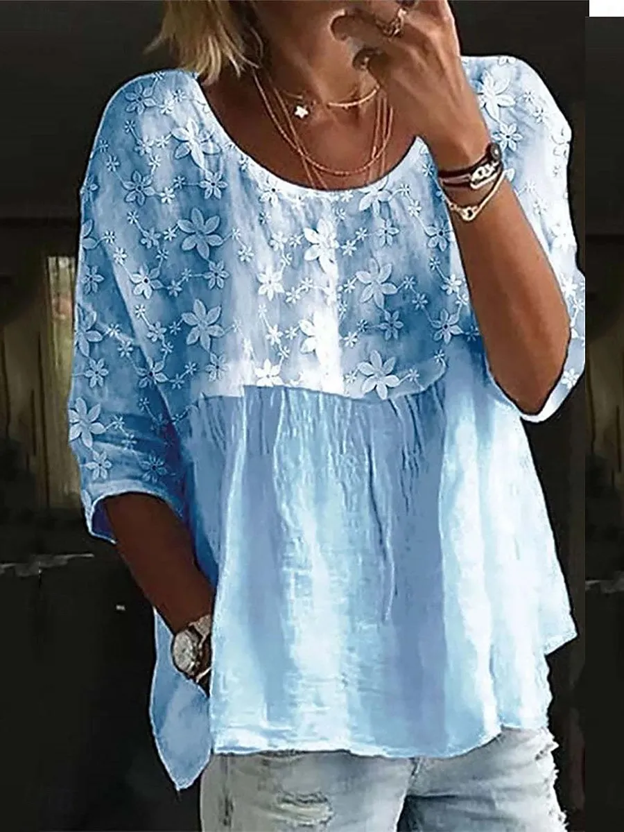 Women's Lace Embroidery Patchwork Loose Crew Neck Split Joint Shirt
