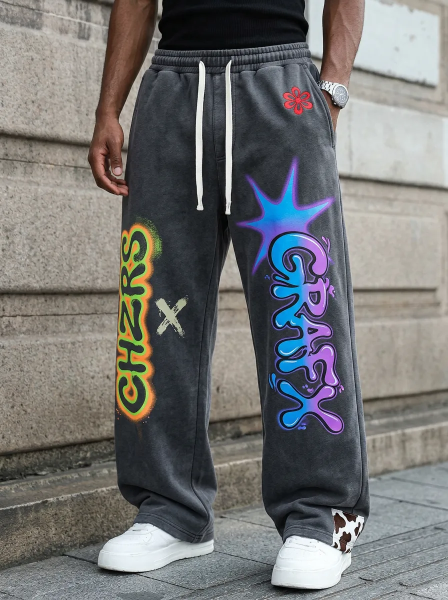 Men's Streetwear Graffiti Letter Flower Printed Sweatpants