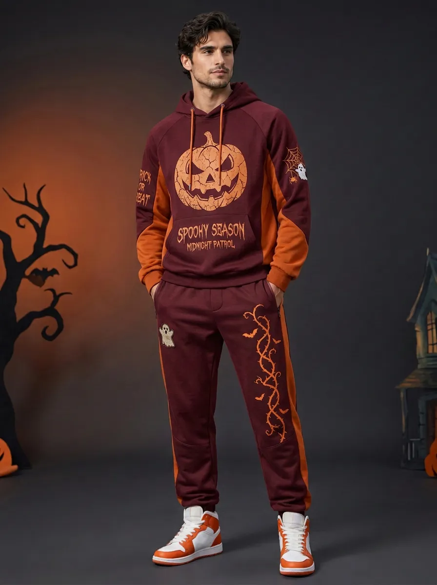 Men's Halloween Pumpkin Ghost Printed Tracksuit Set