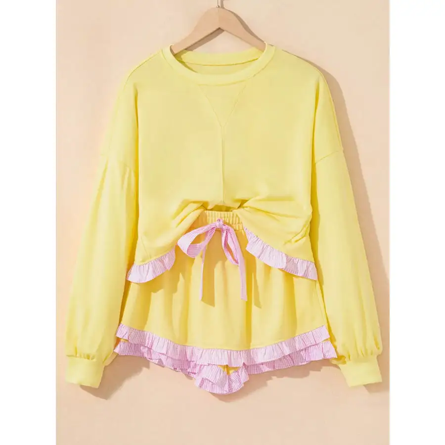 Contrast Frill Hem Round Neck Top and Shorts Set