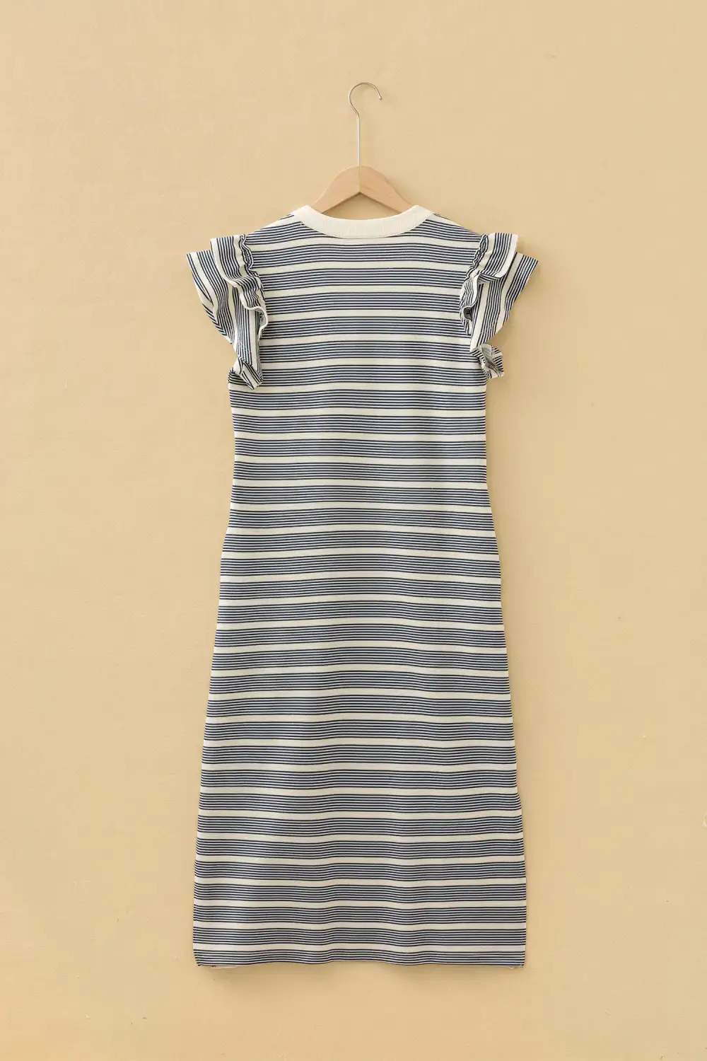 Striped Split Neck Ruffle Midi Dress