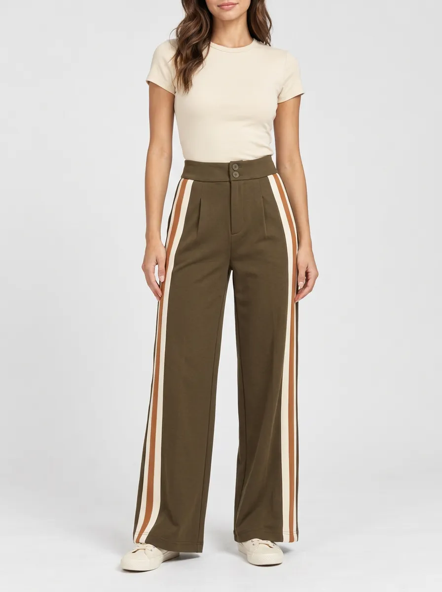 Women's High-Rise Minimal-Pleat Contrast-Stripe Wide-Leg Trousers