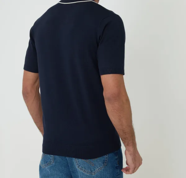 Men's Navy Knitted Contrast Tipping Open-Collar Polo
