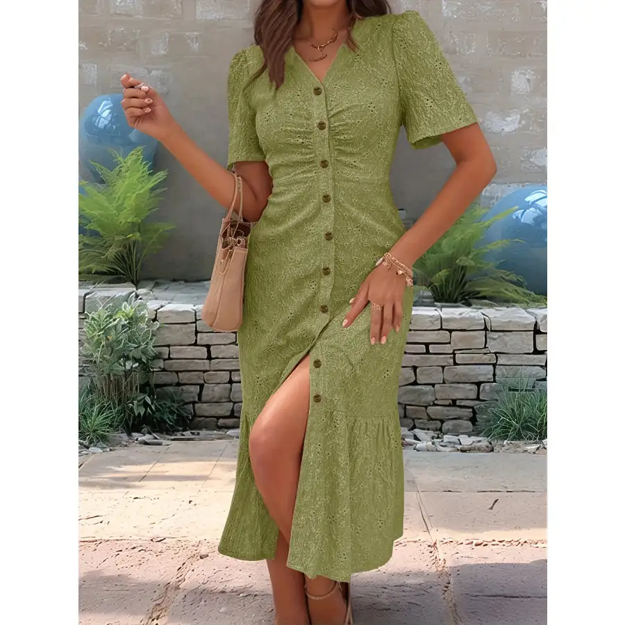 Eyelet Button Front V-Neck Midi Dress