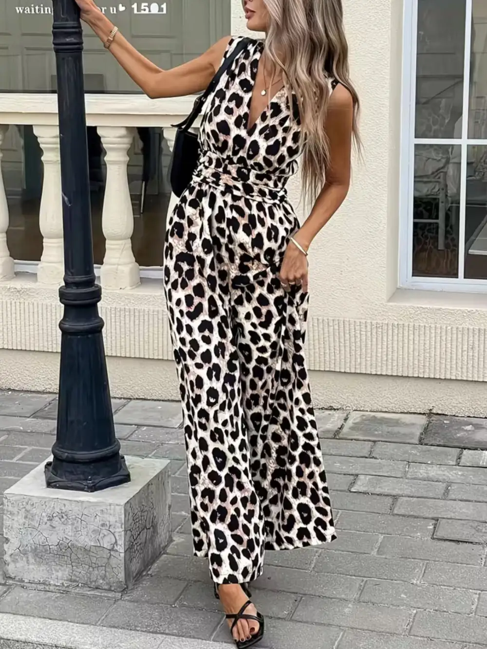Sleeveless V Neck Leopard Print Wide Jumpsuit