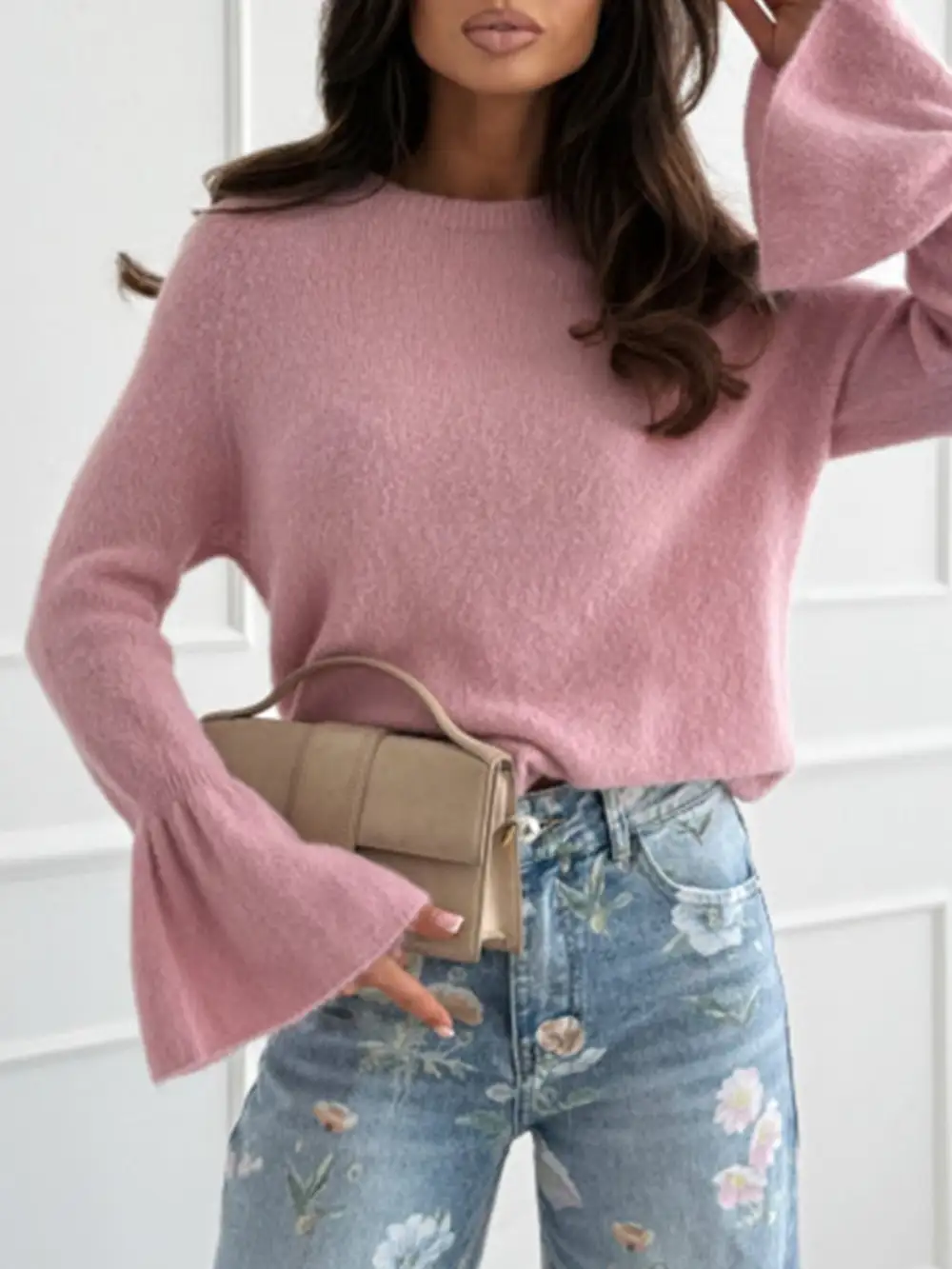 Round Neck Flounce Sleeve Sweater