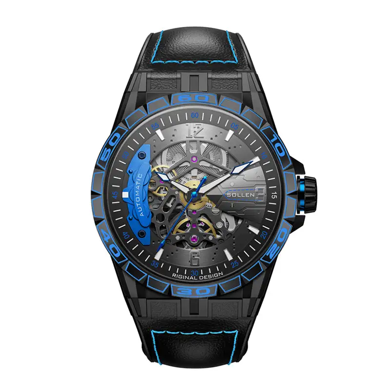 Sollen SL357 Men's Skeleton Automatic Mechanical Watch - 43mm 316L Stainless Steel Case Sapphire Crystal Multi-Layer Dial Leather-Pattern Silicone Strap Wristwatch