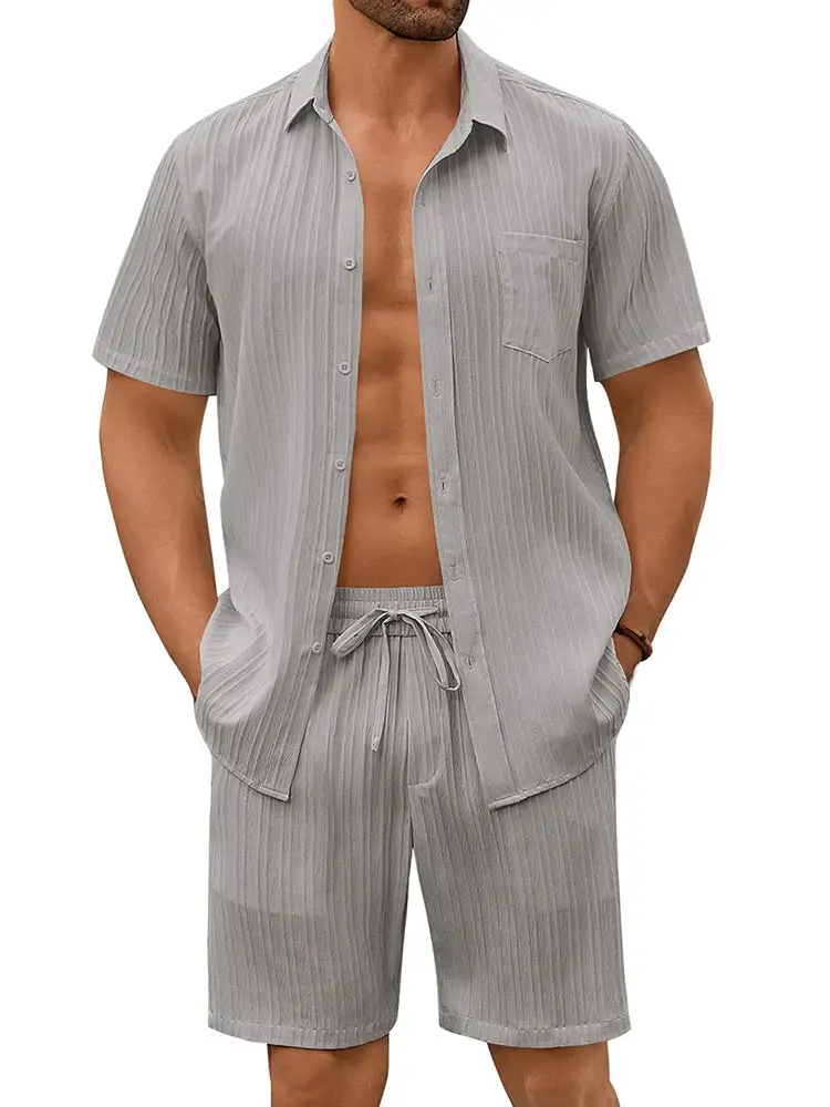 Casual Textured Shirt Shorts Vacation Set