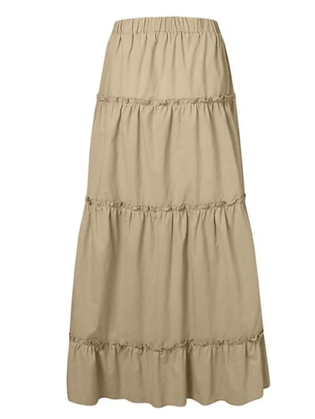 Women's Skirt Swing Maxi Cotton Blend Black Pink khaki Skirts Ruffle Fashion Casual Daily S M L