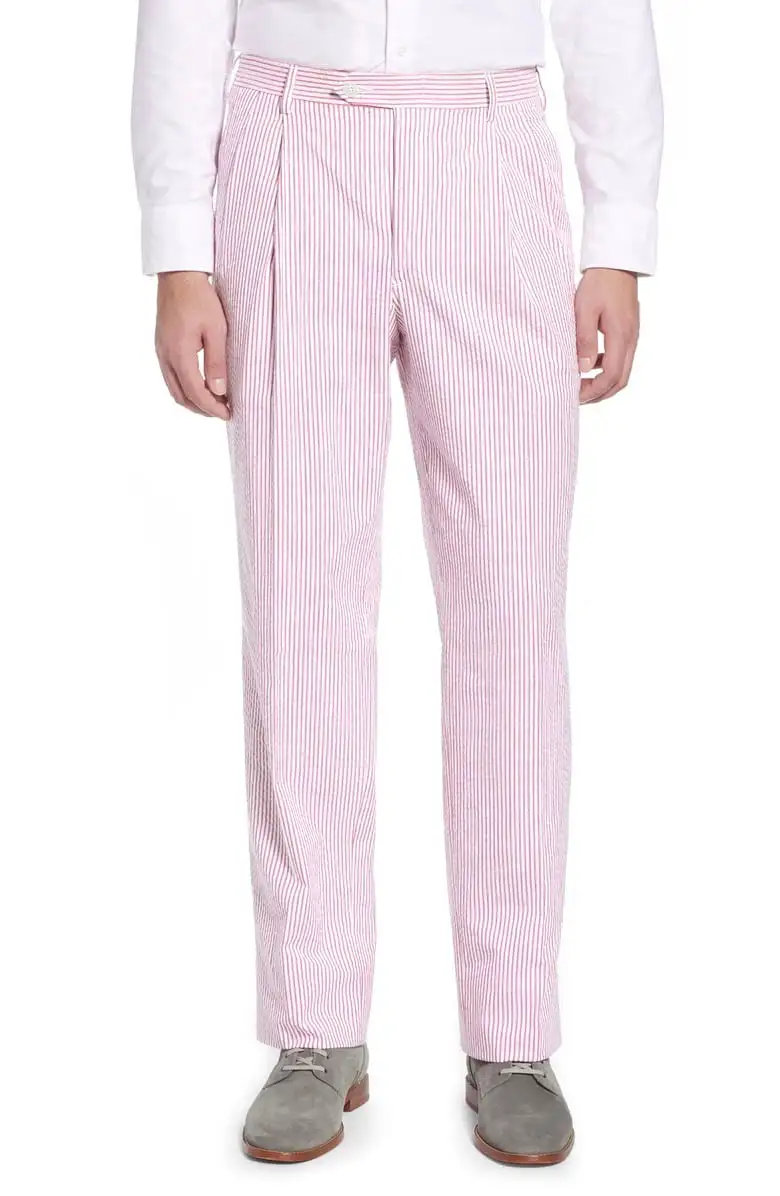 Seersucker Pleated Front Regular Rise Relaxed Fit Trousers