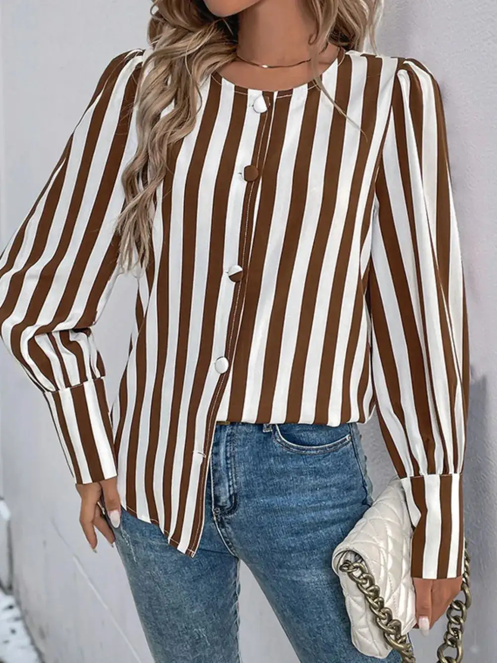 Striped Round Neck Long Sleeve Blouse