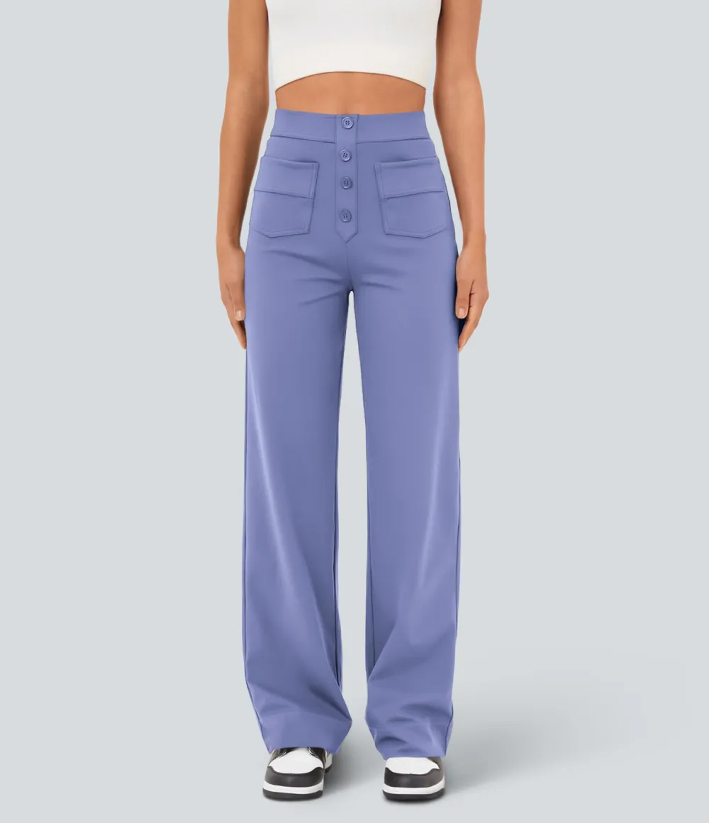 High Waisted Button Multiple Pockets Straight Leg Casual Pants