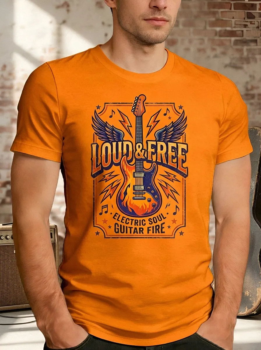 Men's Rock Music Lover Electric Guitar Fire Printed T-shirt