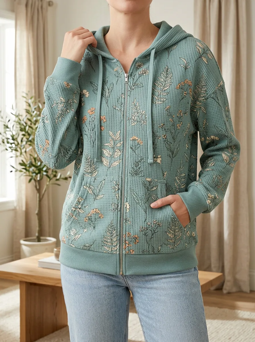 Women's Botanical Floral Waffle Knit Printed Zip-Up Hoodie