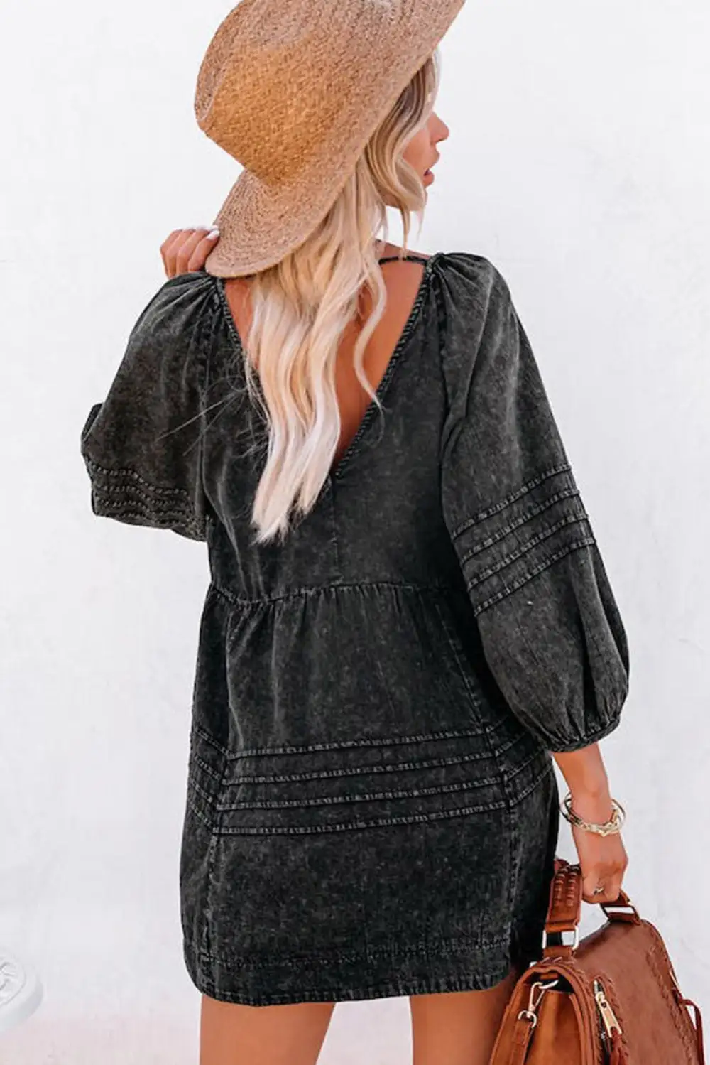 Pleated V Neck Puff Sleeve Denim Babydoll Dress