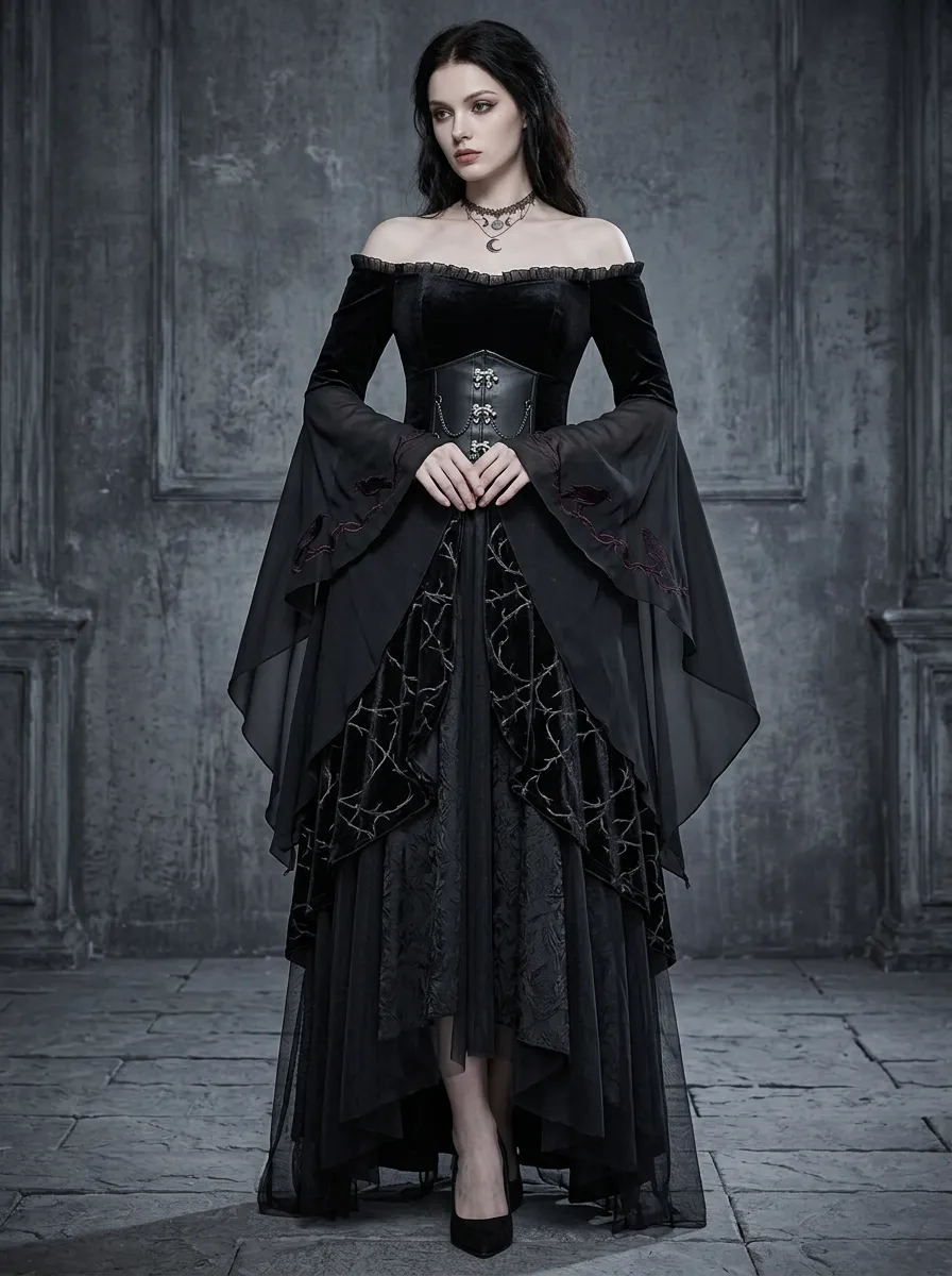 Victorian-Inspired Thorn Victorian Off-Shoulder Silhouette Women's Gothic Dress