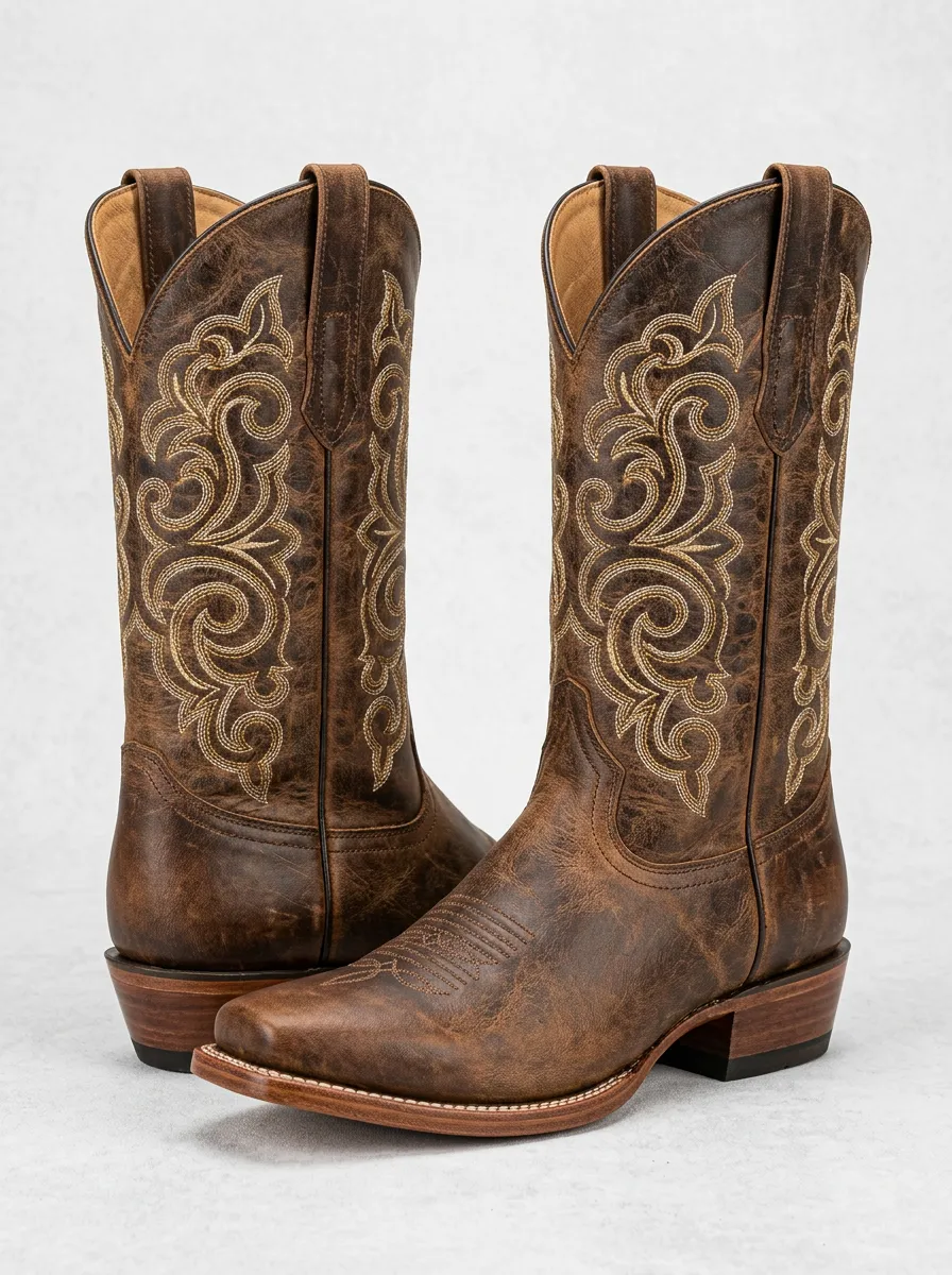 Unisex Western Scrollwork Contrast-Embroidery Tonal-Embroidery Square-Toe Mid-Calf Cowboy Boots