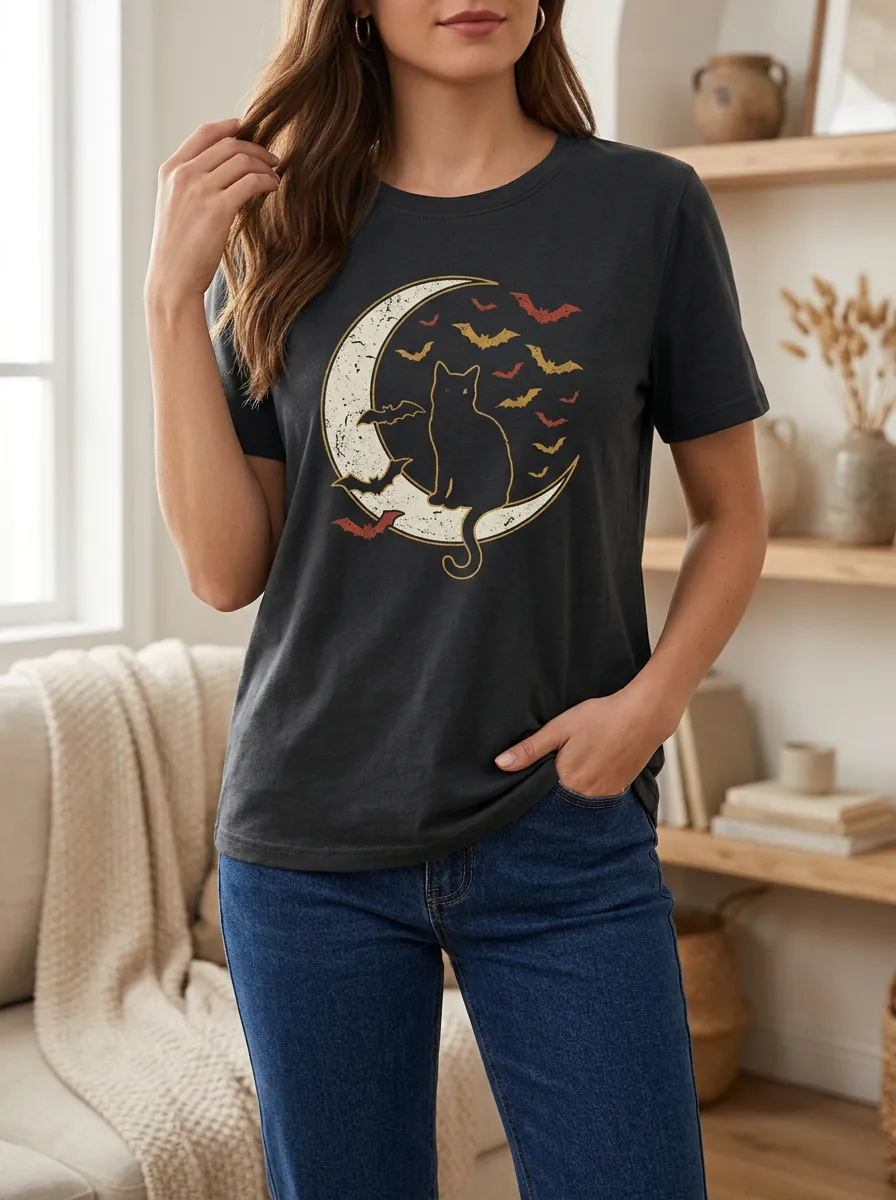 Women's Halloween Cat Moon Bats Printed T-shirt