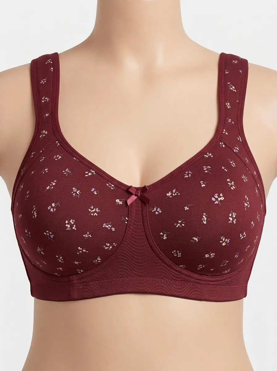 Women's Plus Size Grey Floral Full-Coverage Wide-Strap Wireless Bra